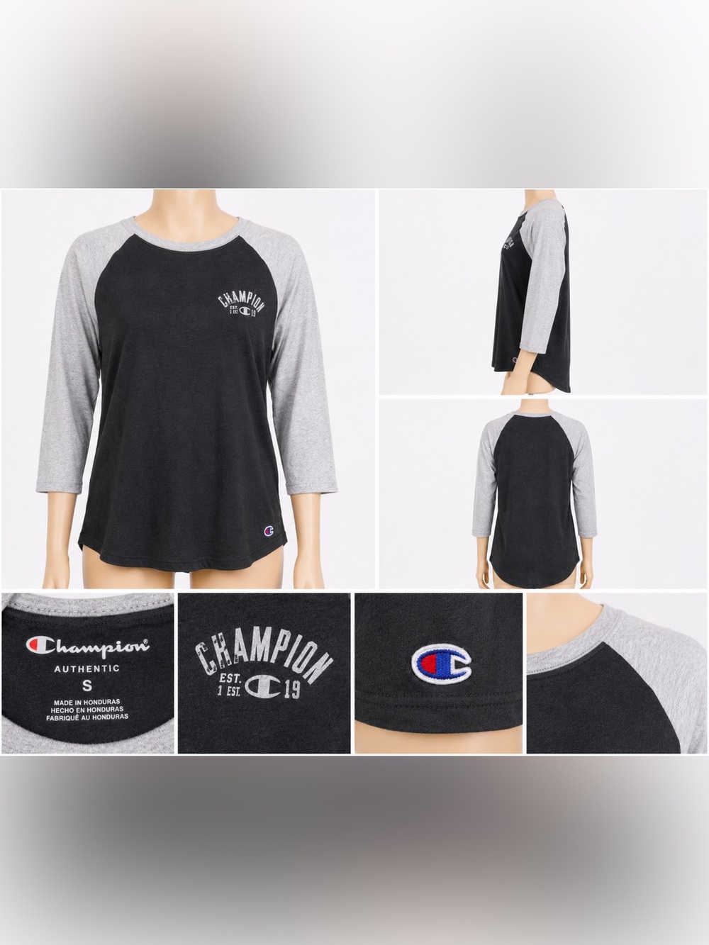 Champion Black and Gray Raglan Long Sleeve Tee
